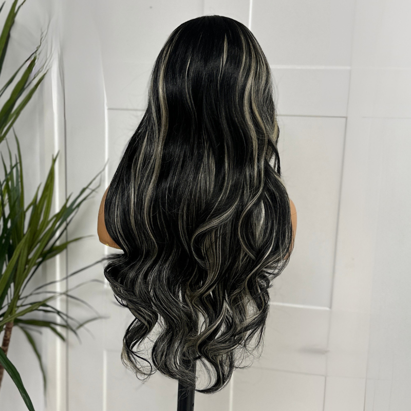Long Wavy Black with Blonde Highlights Lace Front Wig-Raven - estellewigsandmore.co.uk lace wigs