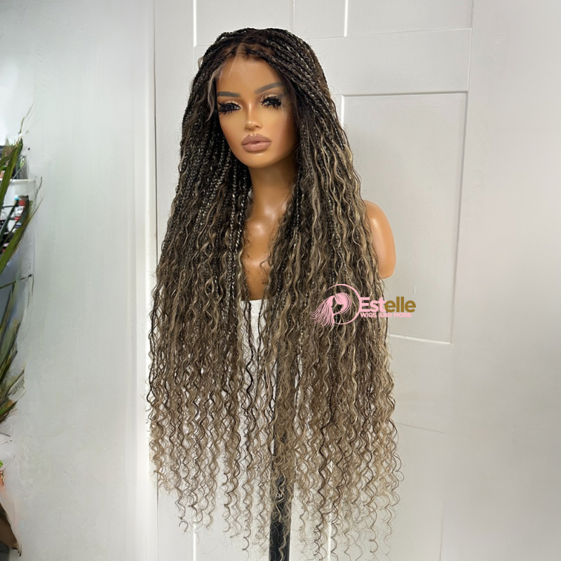 Brown Blonde Mix Long Knotless Boho Braids Lace Wig -ZIZI - estellewigsandmore.co.uk