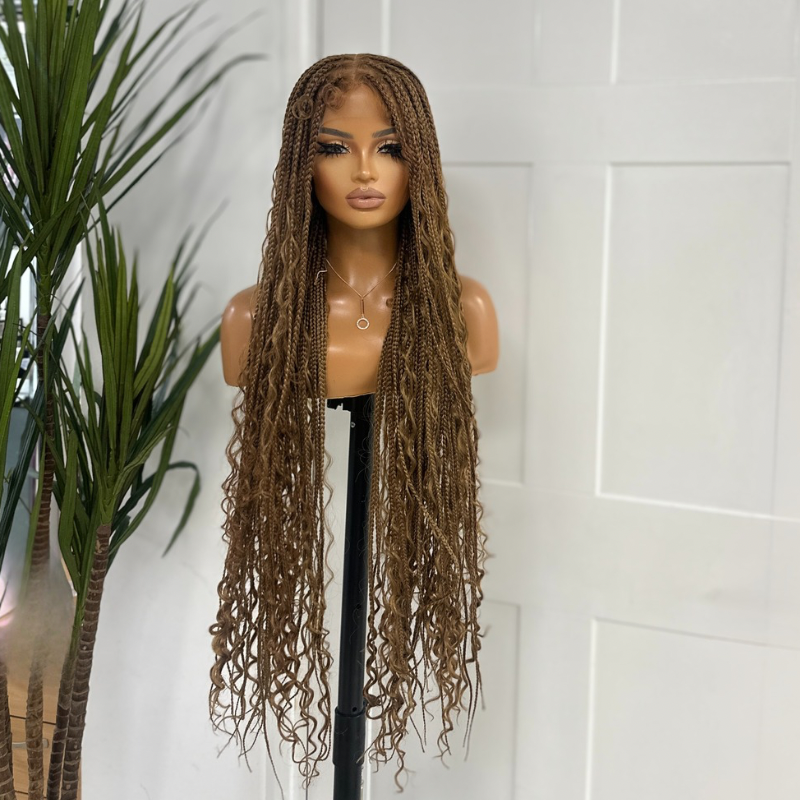 Light Auburn Mix Long  Boho Braided Full  Lace  Wig -BRASKA 30 - estellewigsandmore.co.uk
