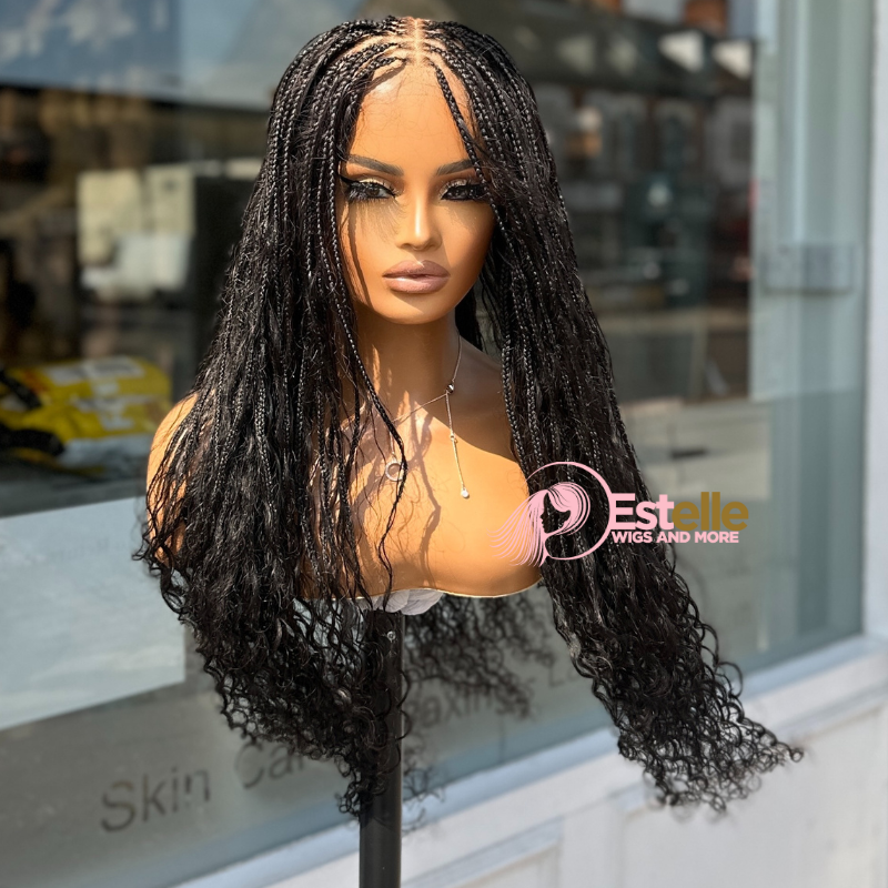 Long Black Boho Braids Human Hair Lace Closure Wig-TIA/1B - estellewigsandmore.co.uk braided wig