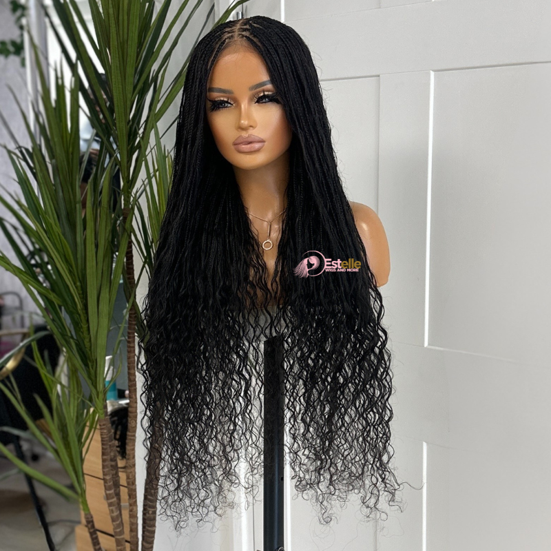 Long Black Boho Braids Human Hair Lace Closure Wig-TIA/1B
