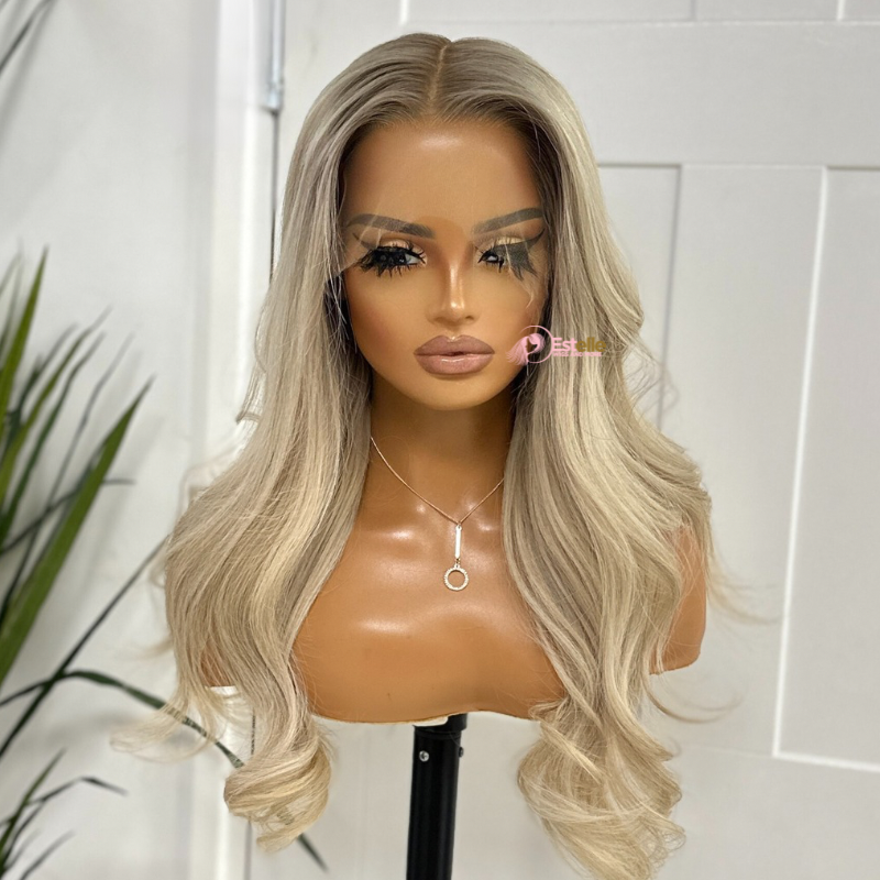 18 inches Rooted Ash  Blonde  Human Hair Lace Frontal Wig-KAYLA - estellewigsandmore.co.uk