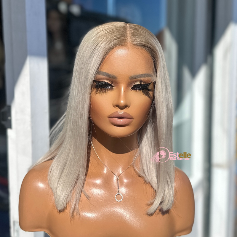 14 Inches Rooted Platinum Blonde Human Hair Lace Front Wig -NYSSA