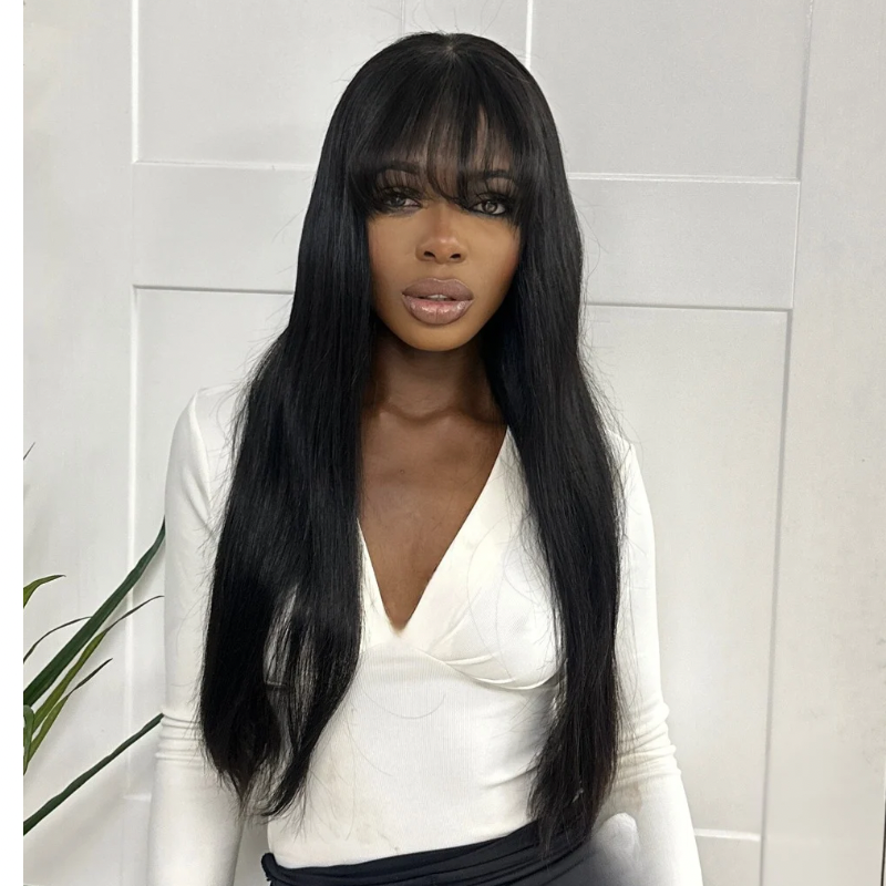 Black long Straight Fringe Human Hair Wig -ROBIN - estellewigsandmore.co.uk Human Hair Wig