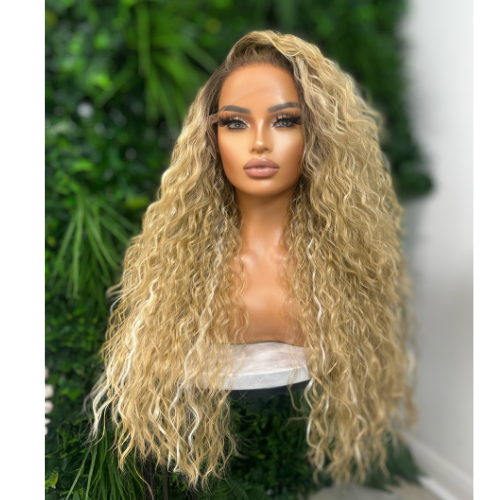 CHYNA-Long Curly Rooted Blonde Lace Front Synthetic Wig - estellewigsandmore.co.uk