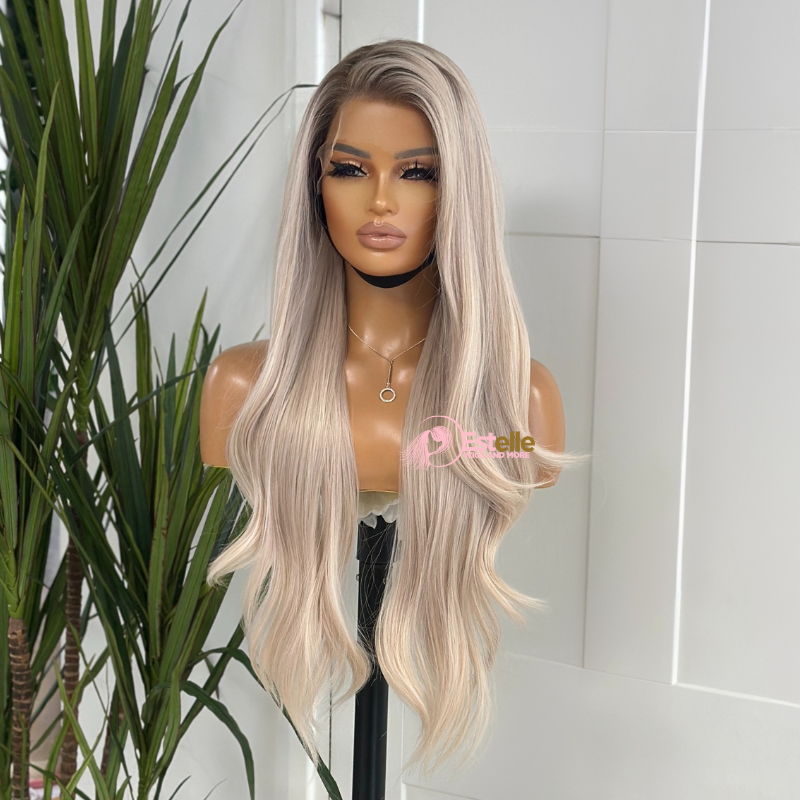 Light Ash Brown Rooted Milky Blonde Straight Synthetic Lace Front Wig – DUCHESS