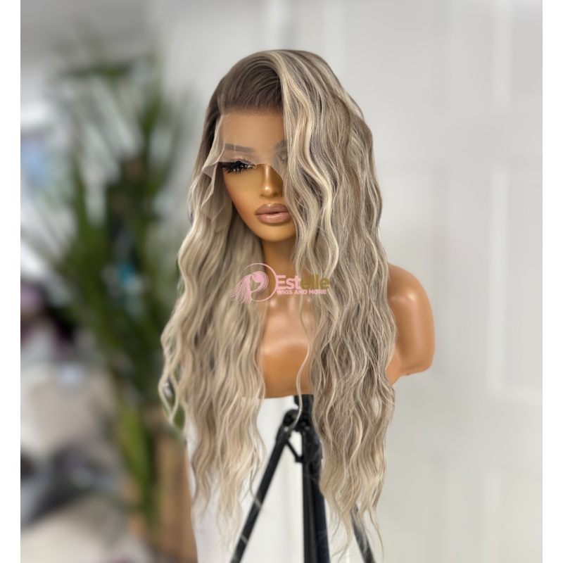 Long Rooted Ash Blonde Mix Wavy Synthetic Lace Front Wig- DI/03 - estellewigsandmore.co.uk Synthetic Lace front wig