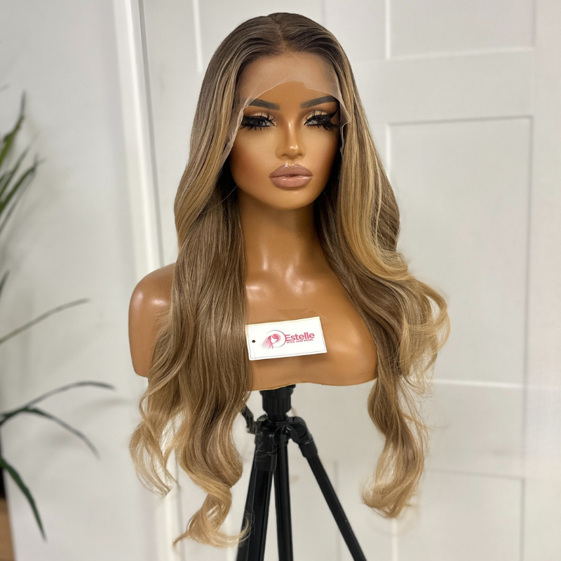 Long Wavy Rooted Caramel Blonde Mix Lace Front Synthetic Wig-JEAN 17 - estellewigsandmore.co.uk