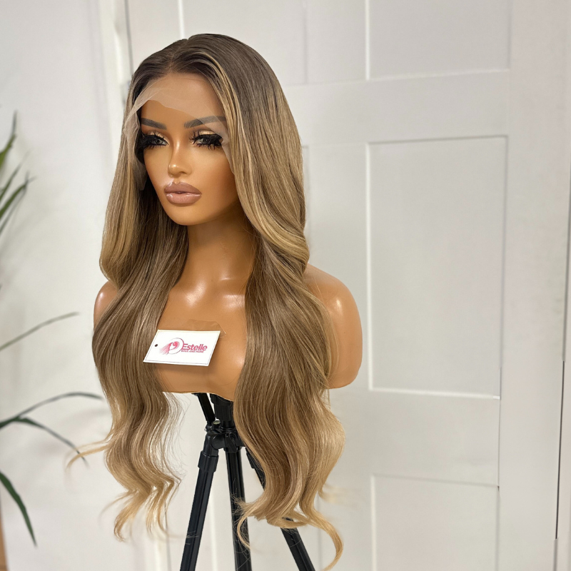 Long Wavy Rooted Caramel Blonde Mix Lace Front Synthetic Wig-JEAN 17 - estellewigsandmore.co.uk