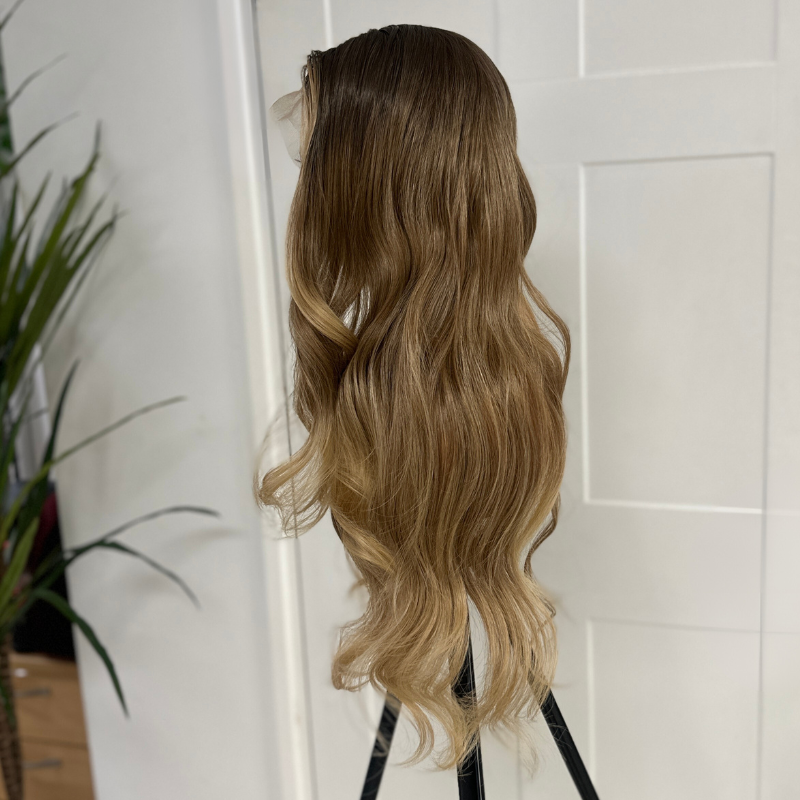Long Wavy Rooted Caramel Blonde Mix Lace Front Synthetic Wig-JEAN 17 - estellewigsandmore.co.uk