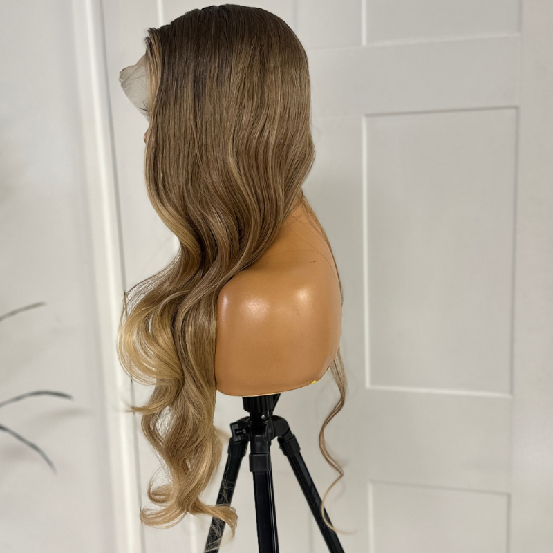 Long Wavy Rooted Caramel Blonde Mix Lace Front Synthetic Wig-JEAN 17 - estellewigsandmore.co.uk