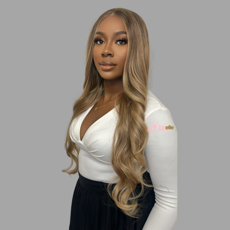 Long Wavy Rooted Caramel Blonde Mix Lace Front Synthetic Wig-JEAN 17 - estellewigsandmore.co.uk