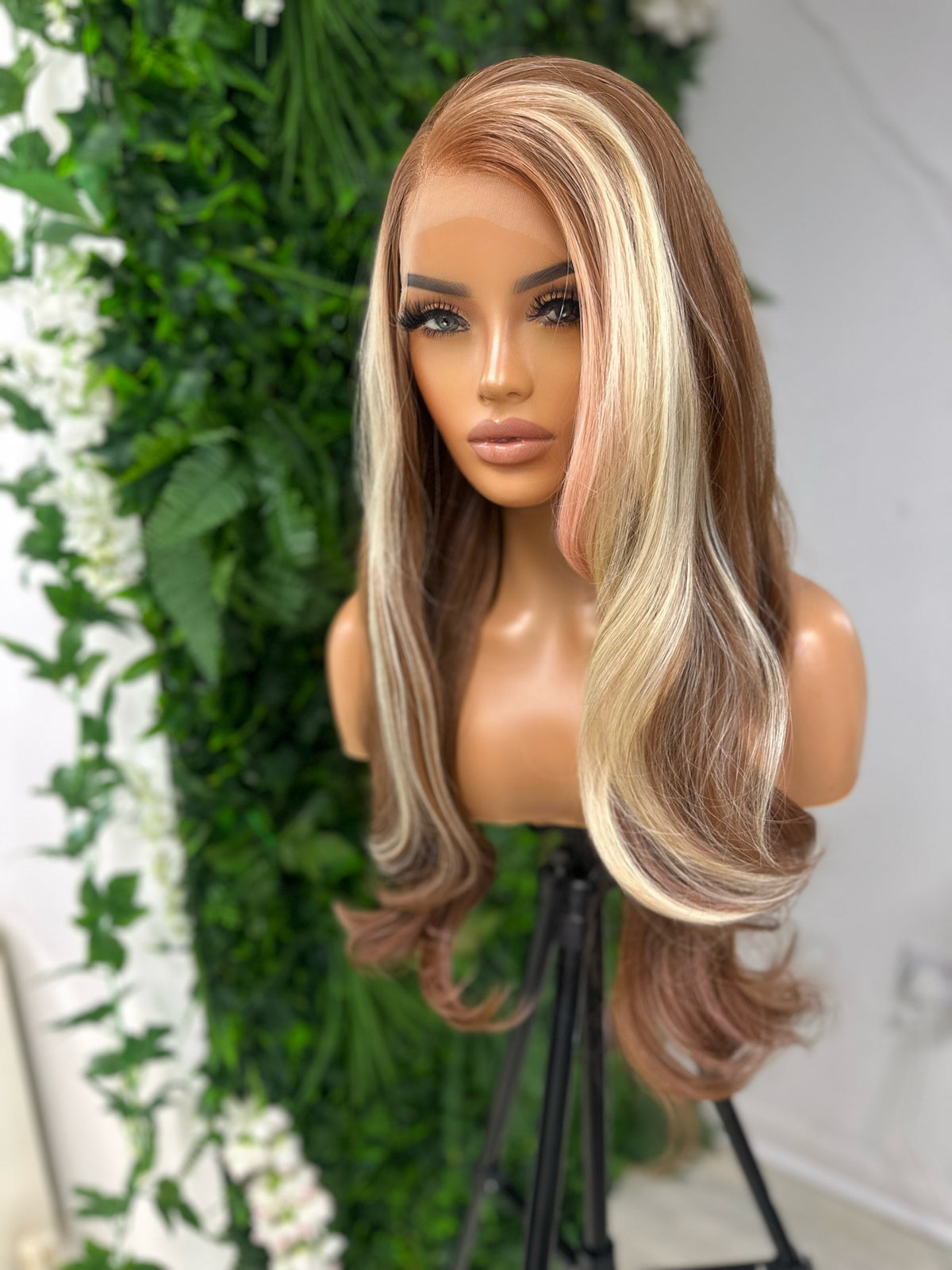 MISTY-long layered Copper Brown Blonde/Pink Mix Skunk Lace Front Wig - estellewigsandmore.co.uk