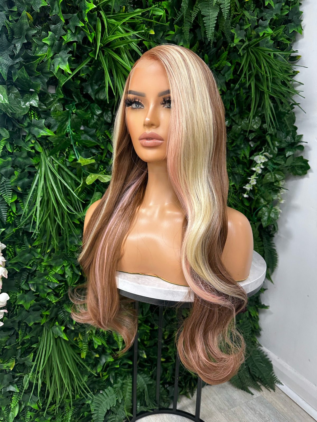 MISTY-long layered Copper Brown Blonde/Pink Mix Skunk Lace Front Wig - estellewigsandmore.co.uk