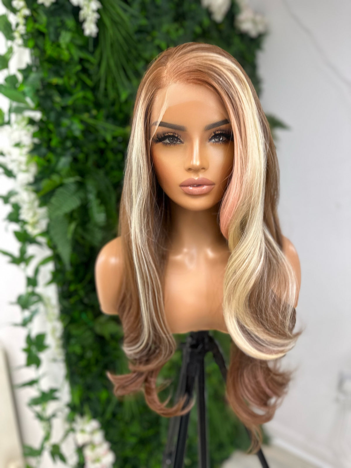 MISTY-long layered Copper Brown Blonde/Pink Mix Skunk Lace Front Wig - estellewigsandmore.co.uk