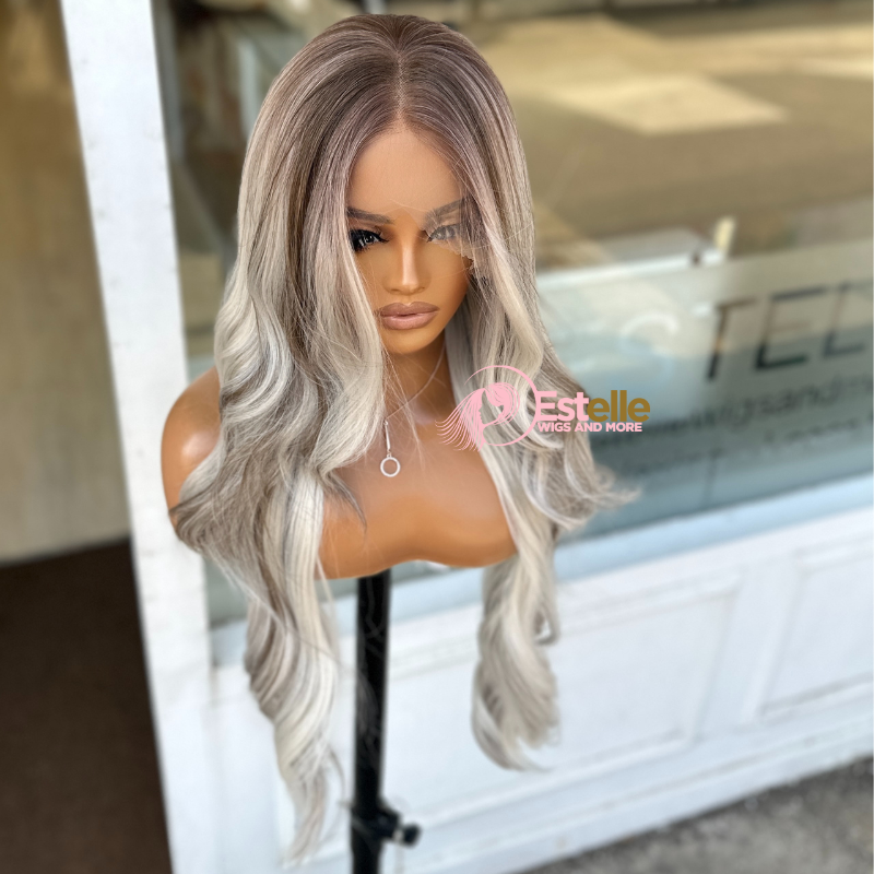 Rooted Ash Blonde Mix Straight Synthetic Lace Front Wig – DUCHESS - estellewigsandmore.co.uk
