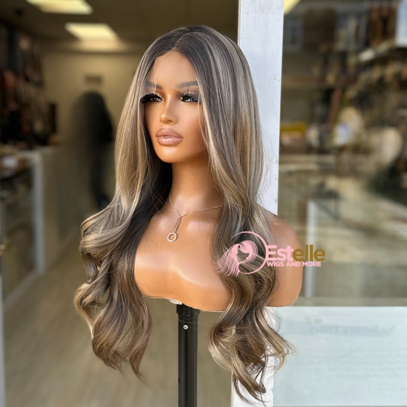 Rooted  Mixed Caramel Brown/ blonde Wavy Synthetic Lace Front Wig-CLAIRE - estellewigsandmore.co.uk