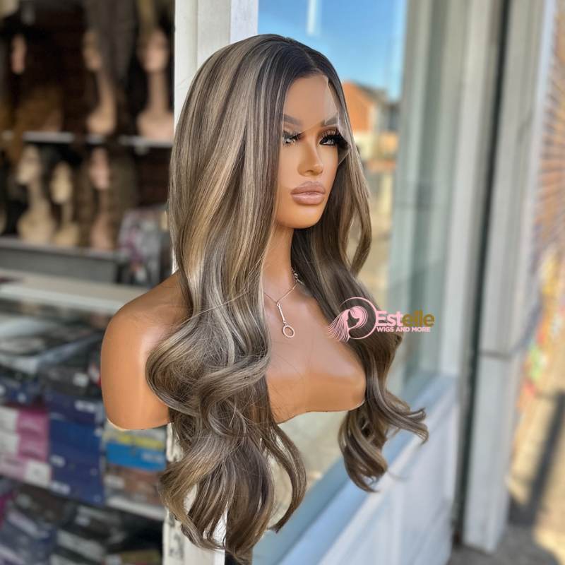 Rooted  Mixed Caramel Brown/ blonde Wavy Synthetic Lace Front Wig-CLAIRE - estellewigsandmore.co.uk