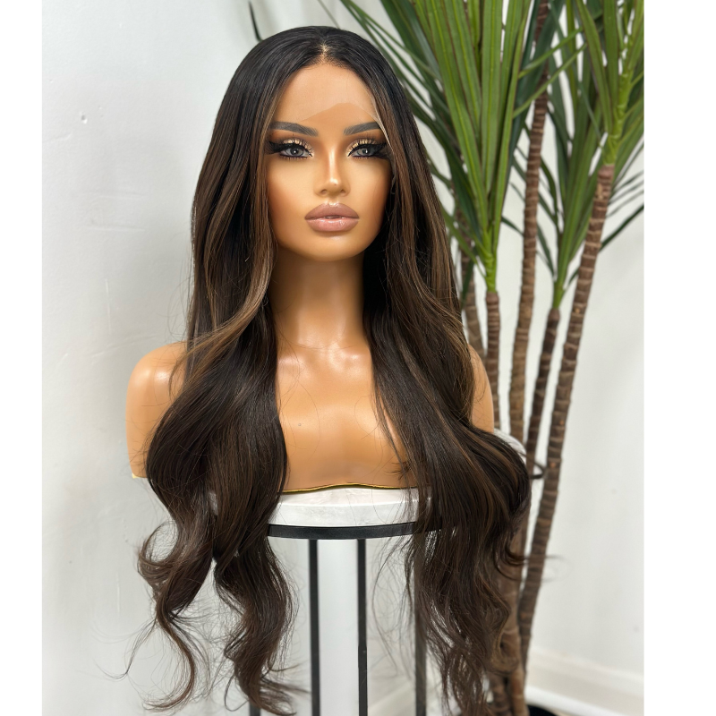Rooted Mixed Rich Brown Long Synthetic Lace Front Wig -DULCE - estellewigsandmore.co.uk Synthetic Lace front wig