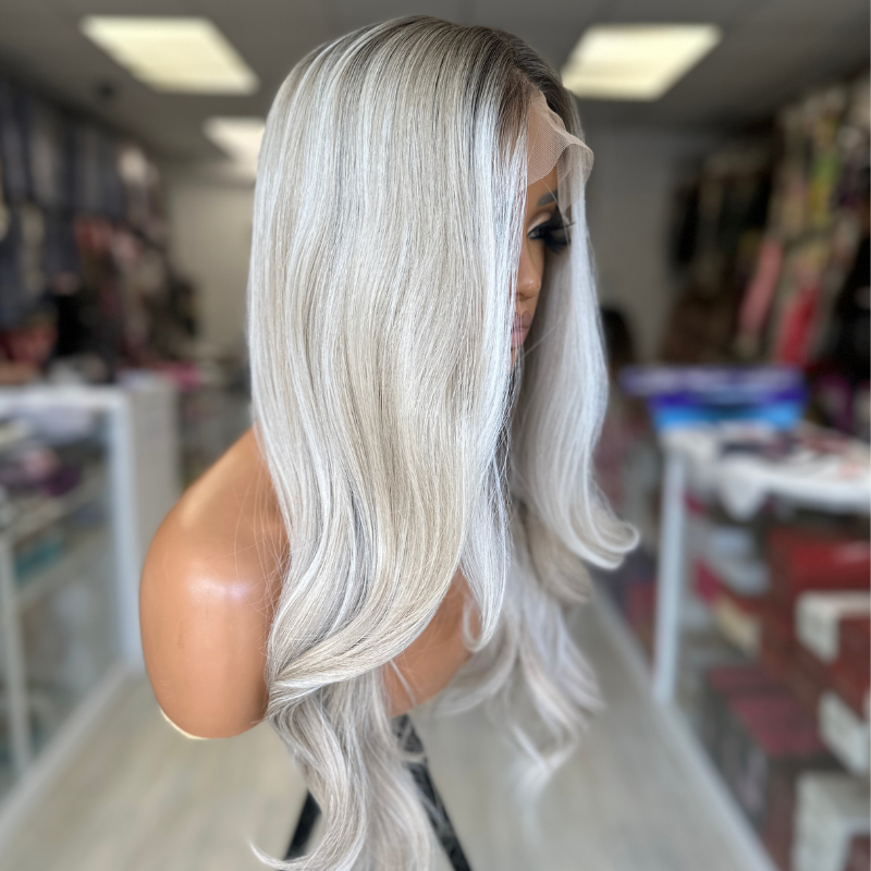 Rooted Platinum Blonde Balayage Wavy Synthetic Lace Front Wig-CLAIRE - estellewigsandmore.co.uk