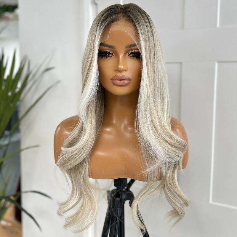 Rooted Platinum Blonde Balayage Wavy Synthetic Lace Front Wig-CLAIRE - estellewigsandmore.co.uk
