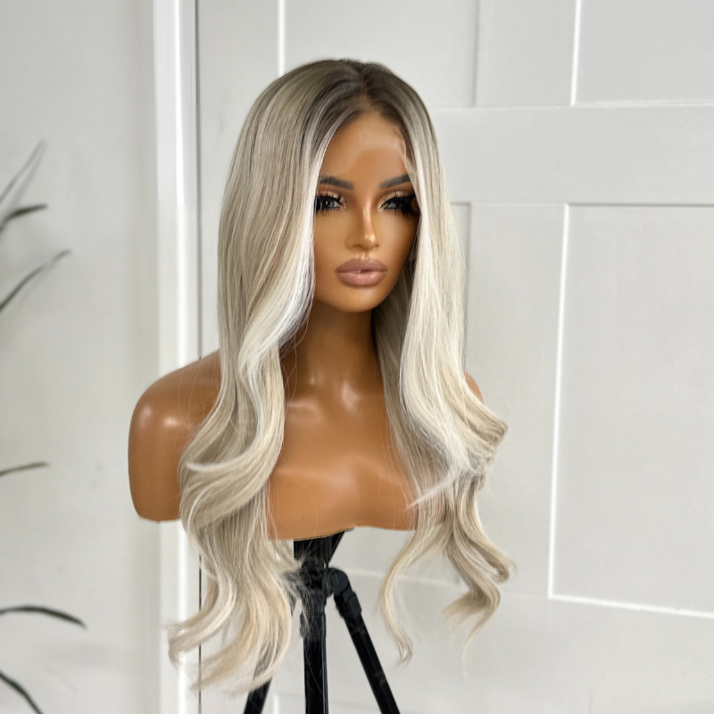 Rooted Platinum Blonde Balayage Wavy Synthetic Lace Front Wig-CLAIRE - estellewigsandmore.co.uk