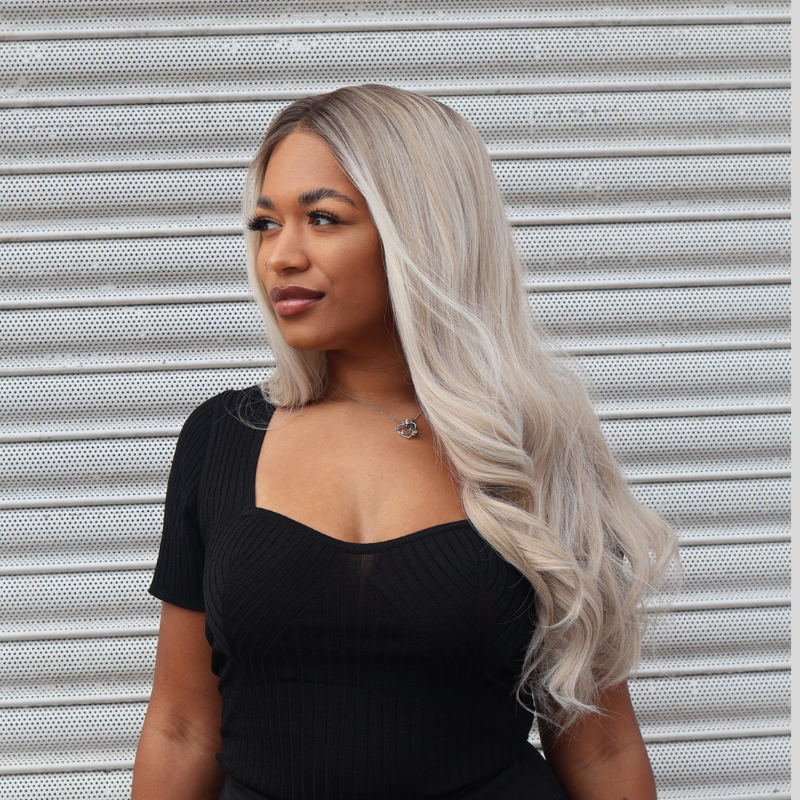 Rooted Platinum  Blonde Balayage Wavy Synthetic Lace Front Wig-CLAIRE