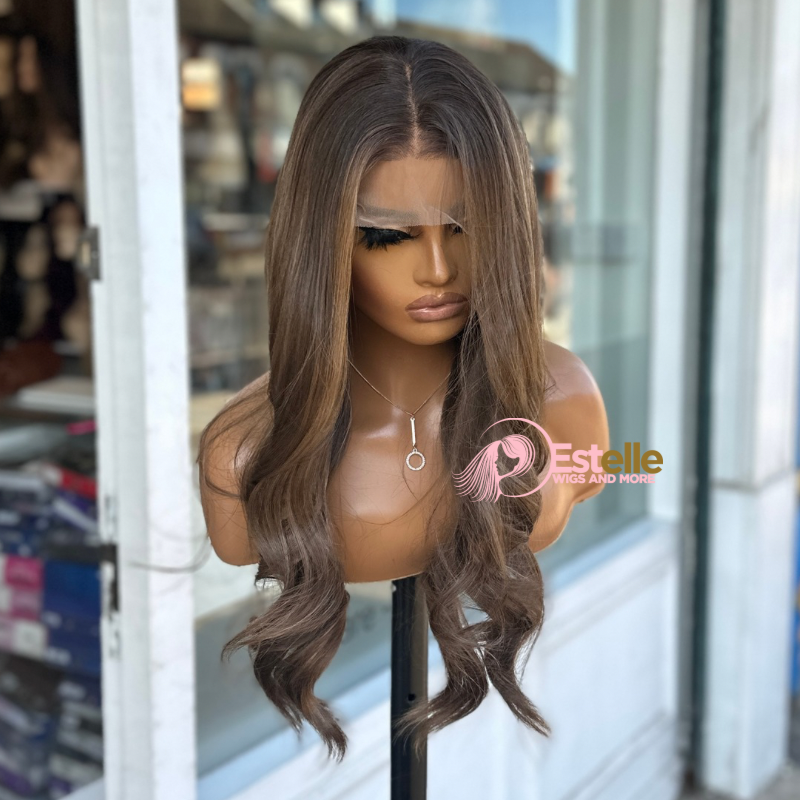 Rooted   Soft Brown Caramel Brown Wavy Synthetic Lace Front Wig-CLAIRE - estellewigsandmore.co.uk