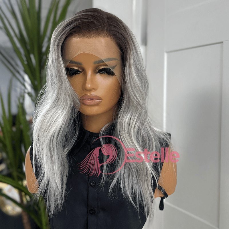 Wavy Rooted Silver Ash Body Wave Synthetic Lace Front Wig -Sona - estellewigsandmore.co.uk SYNTHETIC WIG