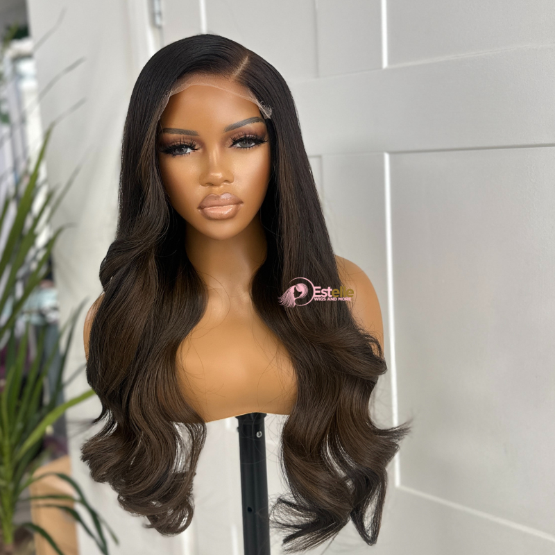 OYIN- 24’’ Long Natural Black/Brown Lace Closure Human Hair Wig - estellewigsandmore.co.uk