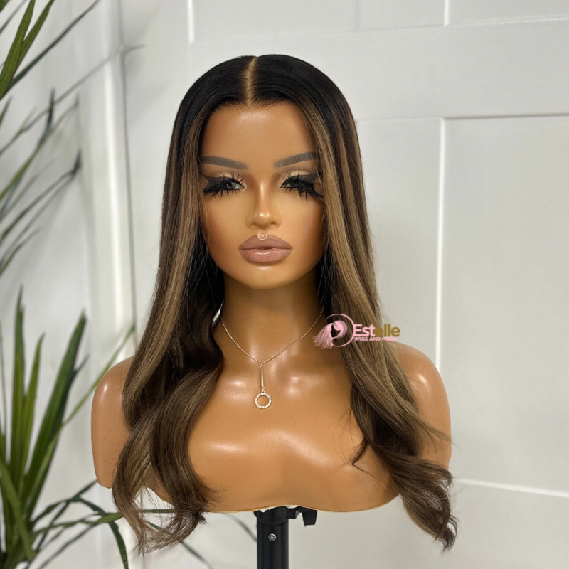 16 inches Rooted ash Brown Mix   Blonde Human Hair Wig 130 Density -SHARON