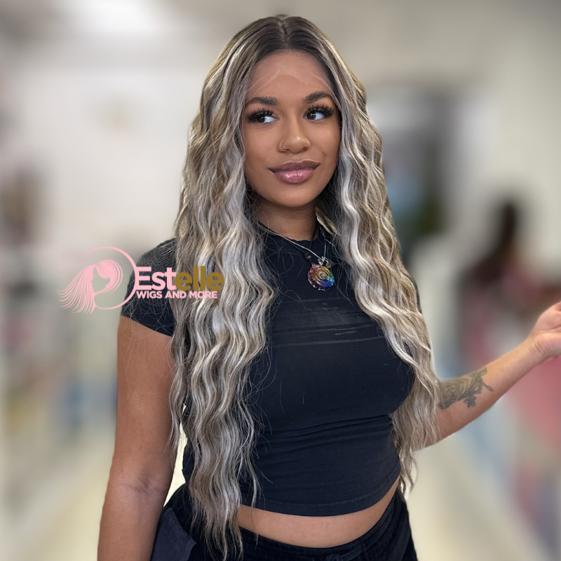 Rooted Ash Brown/Blonde  Wavy  Synthetic Lace Front Wig-SILVIA - estellewigsandmore.co.uk