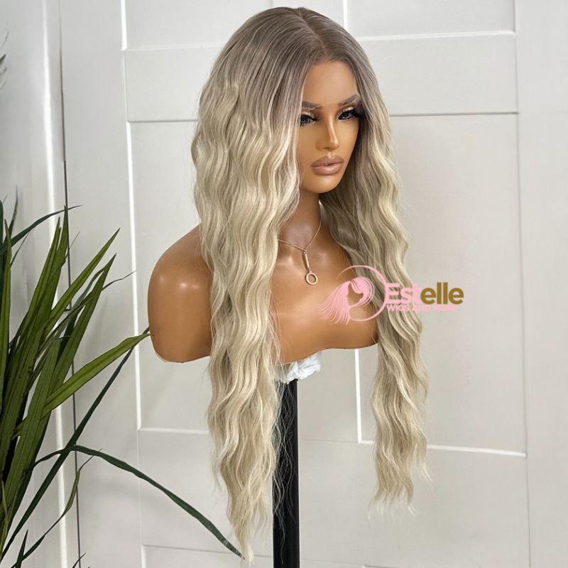 Rooted Light Blonde Wavy Synthetic Lace Front Wig-SILVIA