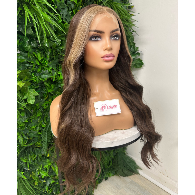 Long Wavy Dark Brown with Blonde Face Frame | 24” Synthetic Lace Front Wig-EWD 26 - estellewigsandmore.co.uk
