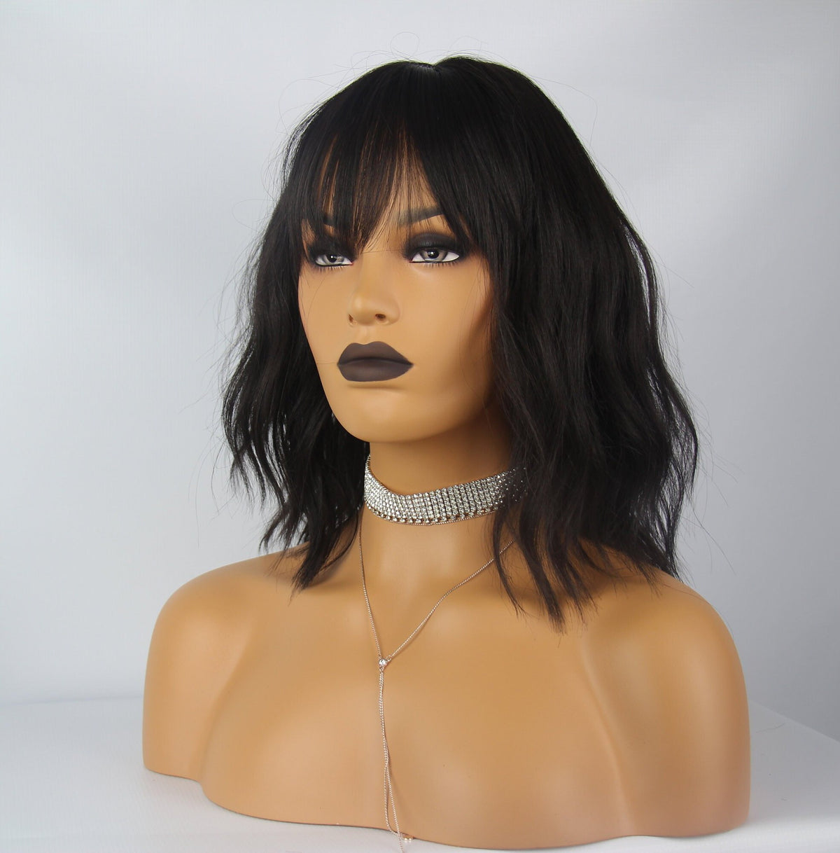 Natural Black Mid-Length Wavy Wig with Fringe | Synthetic Heat Safe - estellewigsandmore.co.uk