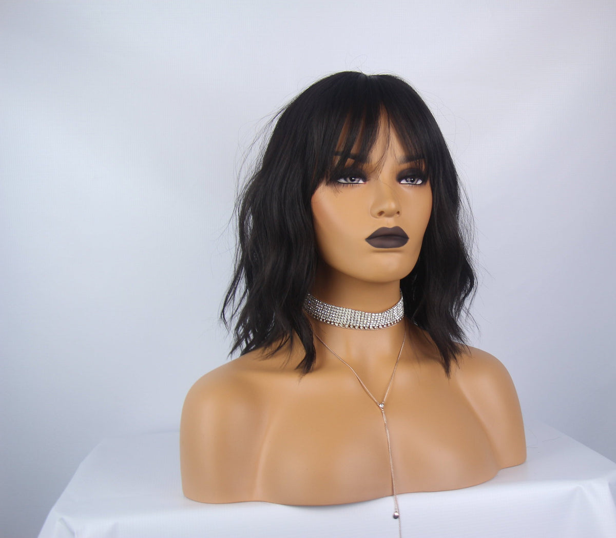 Natural Black Mid-Length Wavy Wig with Fringe | Synthetic Heat Safe - estellewigsandmore.co.uk