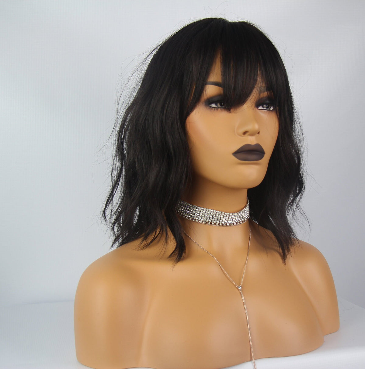 Natural Black Mid-Length Wavy Wig with Fringe | Synthetic Heat Safe - estellewigsandmore.co.uk