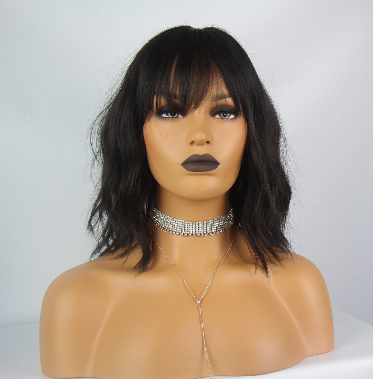 Natural Black Mid-Length Wavy Wig with Fringe | Synthetic Heat Safe - estellewigsandmore.co.uk
