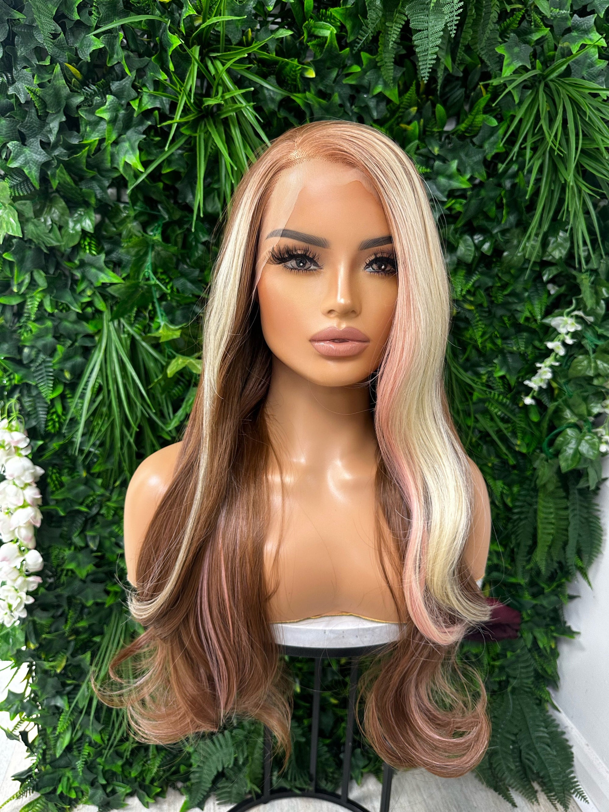 Misty: Long Layered Straight Copper Brown Blonde/Pink Mix Face Framing Highlight  |Skunk Strip Synthetic Lace Front Wig