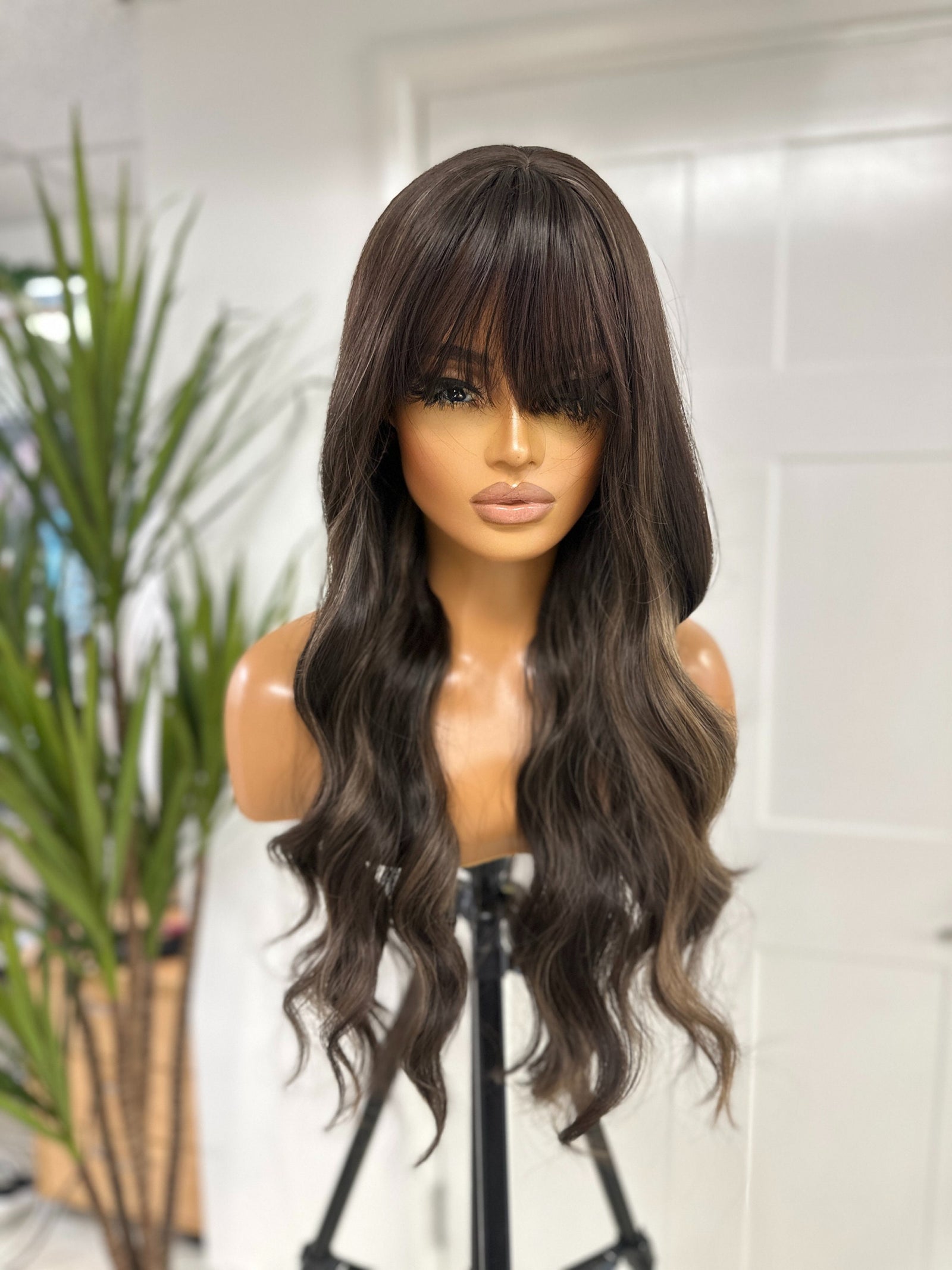 Dark Chocolate Brown with Ash Highlights | 20” Synthetic Full Wig - estellewigsandmore.co.uk