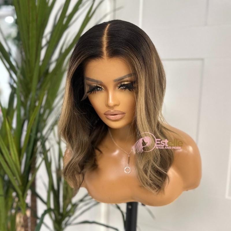 12 Rooted Ash Brown Mix Blonde Glueless Human Hair Wig - 130 Density | Small Cap - estellewigsandmore.co.uk
