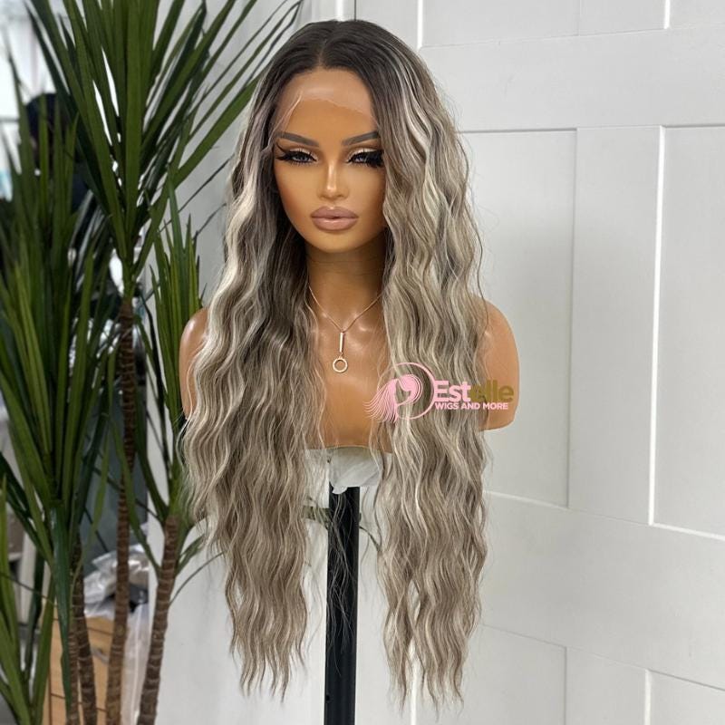 SILVIA | Long Wavy Rooted Ash Brown &amp; Ash Blonde 13x6 Lace Front Synthetic Wig