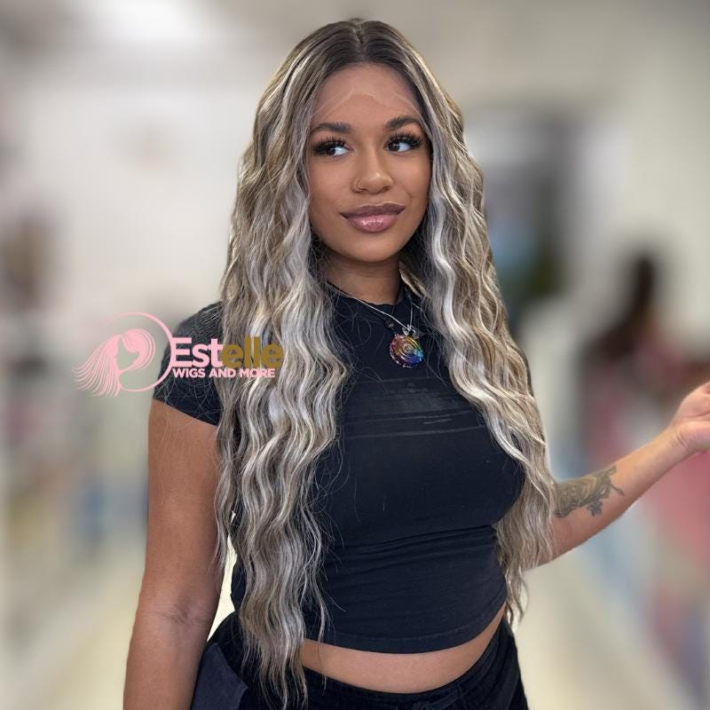 SILVIA | Long Wavy Rooted Ash Brown &amp; Ash Blonde 13x6 Lace Front Synthetic Wig