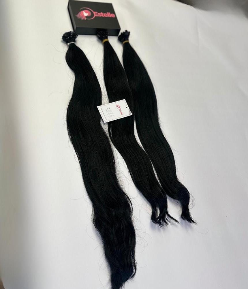 Premium Slavic Jet Black Human Hair Pre bonded Hair Extensions | 24-28 |K/U Tip| Ethically Sourced | Ready to Ship - estellewigsandmore.co.uk