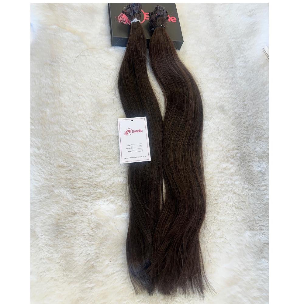 Premium Slavic Naural Brown Straight Hair Extensions | Raw Human Hair | 22-23 inches | K/U Tip| Ethically Sourced | Ready to Ship