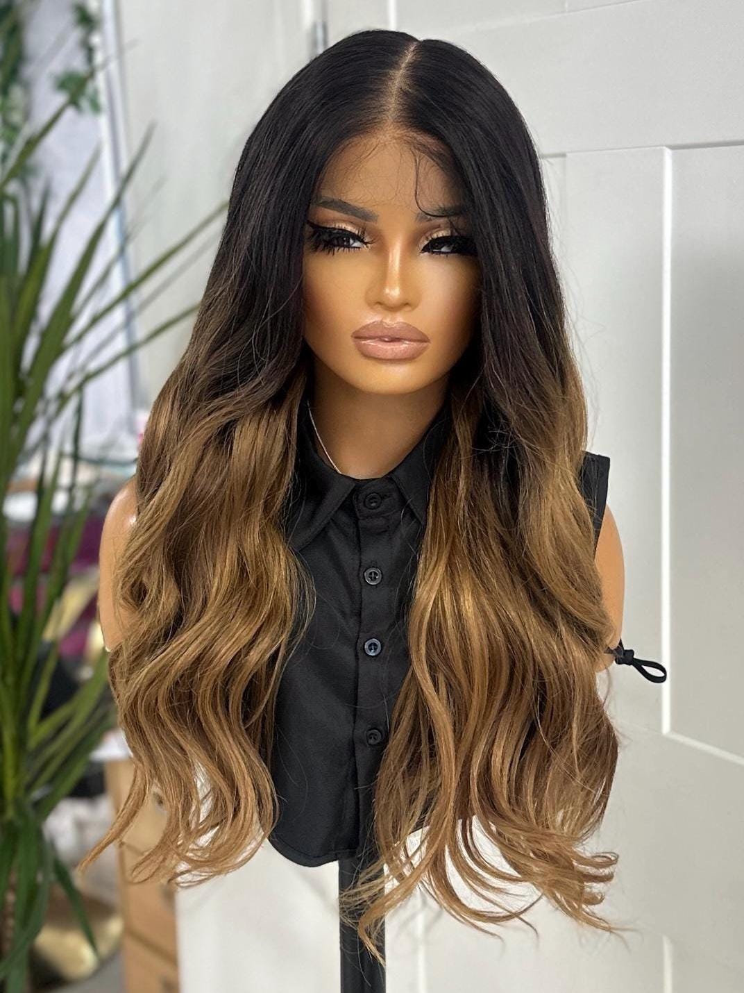 Long Wavy Lace Front Wig | Honey Blonde &amp; Brown Ombre -Natasha - estellewigsandmore.co.uk WIG