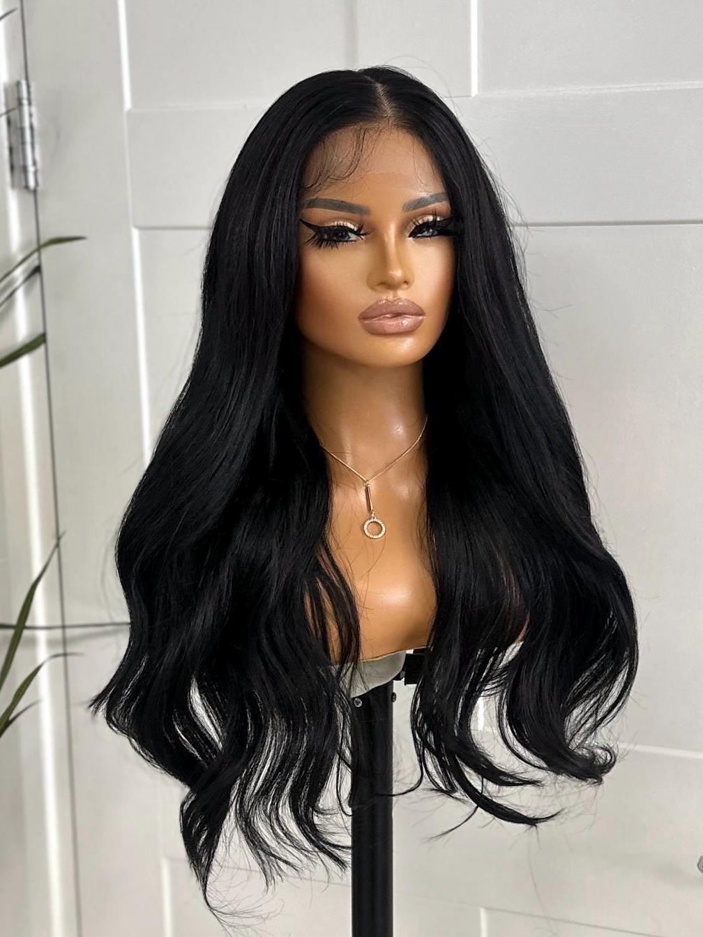 Natural Black Lace Front Wig Long Wavy Wig Natural Hairline -Natasha - estellewigsandmore.co.uk Human Hair Blend