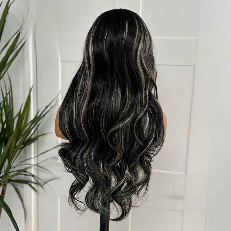 Raven-Black Wig with Blonde Highlights: Long Wavy Lace Front Wig