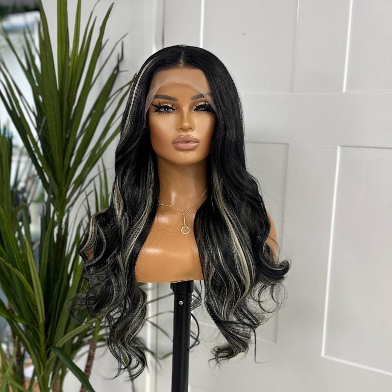 Raven-Black Wig with Blonde Highlights: Long Wavy Lace Front Wig