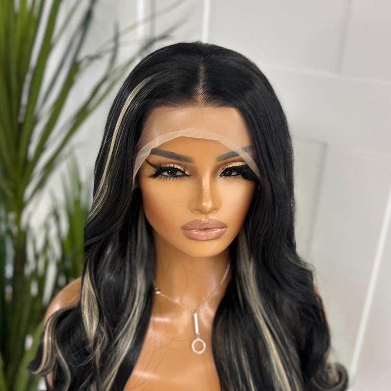 Raven-Black Wig with Blonde Highlights: Long Wavy Lace Front Wig